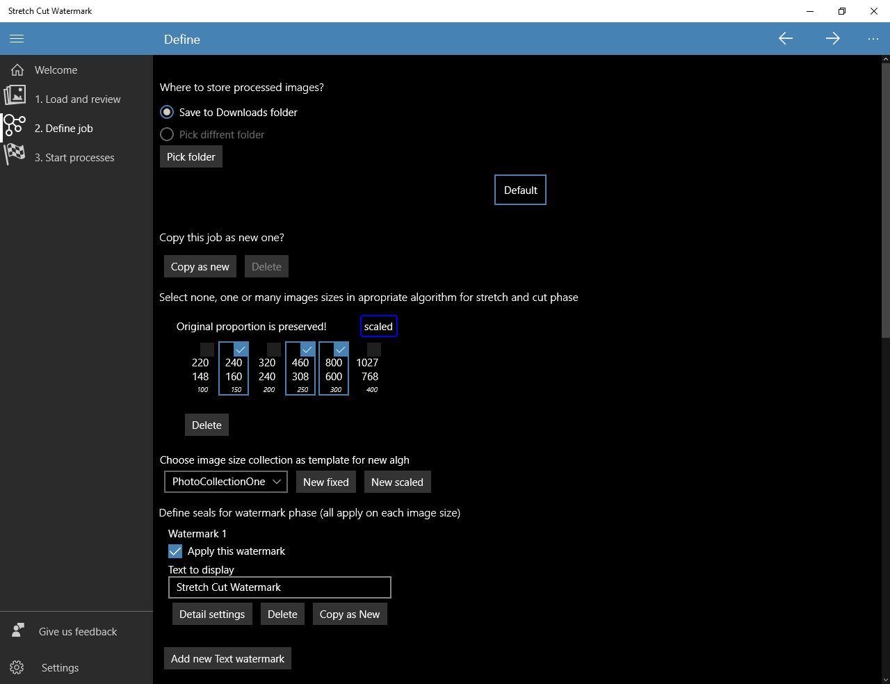 Screenshot of Define screen, select sizes section, in StretchCutWatermark desktop app